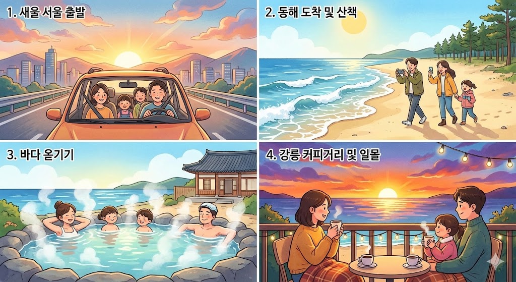 강릉 온천 당일치기 당일 코스 경험 - 아침 서울 출발 → 해변 드라이브 → 온천에서의 휴식 → 강릉 커피거리에서의 여유까지의 당일치기 여정