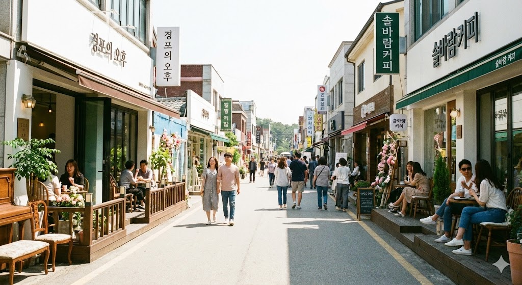 강릉 경포길 카페거리의 아늑한 카페 분위기