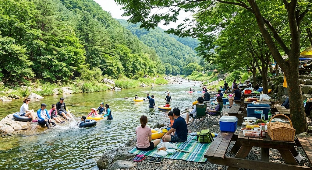 홍천강 계곡에서 가족들이 물놀이하는 모습