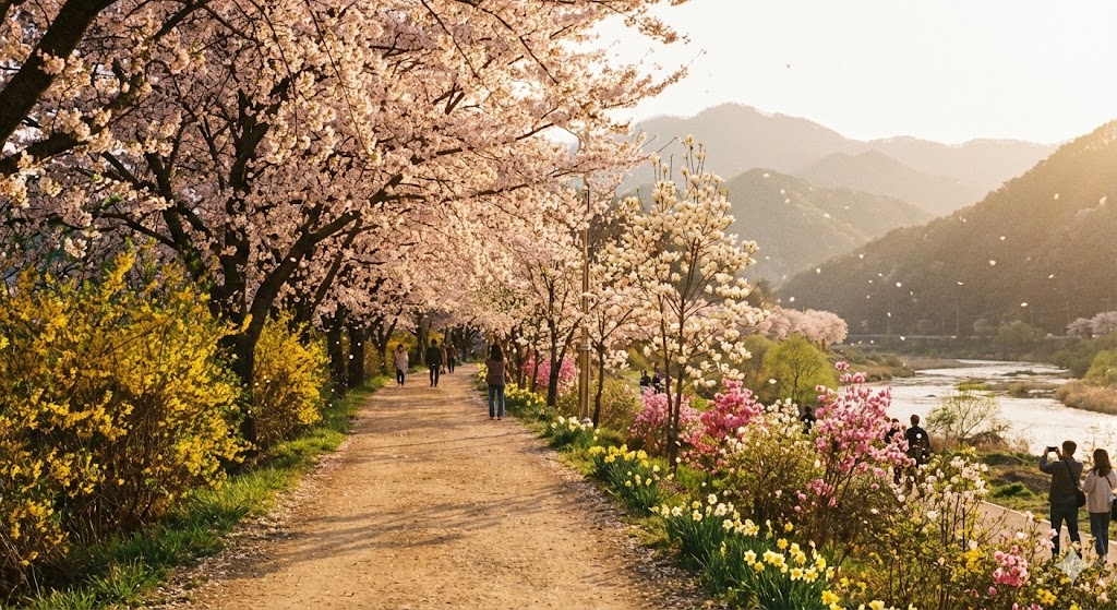 강원도 봄축제 시즌의 다양한 봄꽃들이 만개한 아름다운 풍경