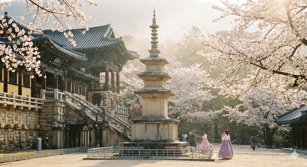 불국사 다보탑 위로 흐드러진 벚꽃과 유네스코 세계유산의 위엄