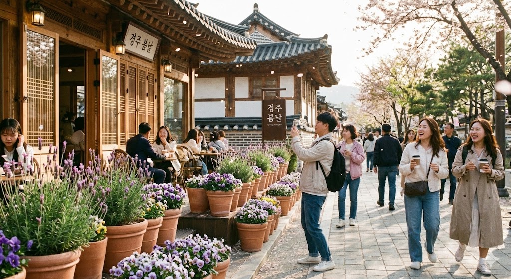 경주 황리단길의 전통 한옥 골목길과 맛집들을 찾는 관광객들의 모습