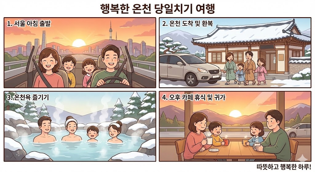 온천 당일치기 당일 코스 경험 - 아침 서울 출발 → 온천 도착 후 입욕 → 온천에서의 휴식 → 오후 카페에서의 휴식까지의 온천 당일치기 여정