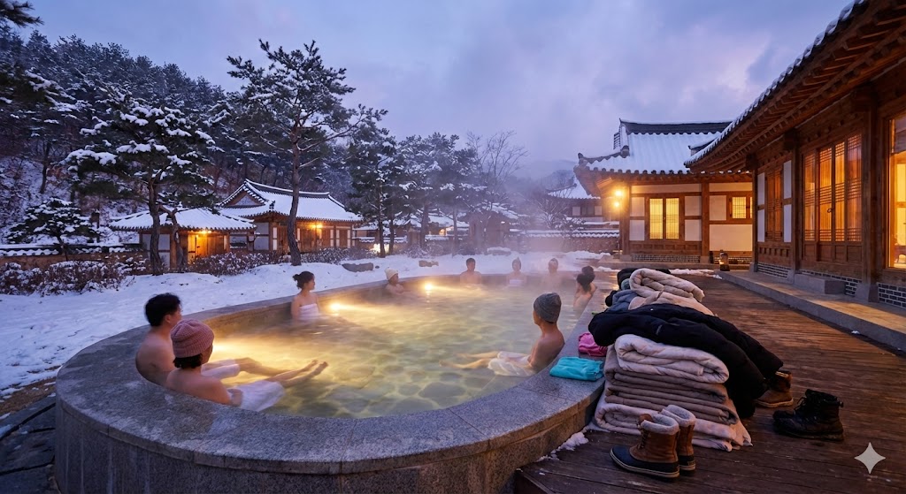 겨울 온천 당일치기 - 하얀 눈이 소복이 내려앉은 야외 온천에서 따뜻한 물에 몸을 담그고 휴식하는 모습