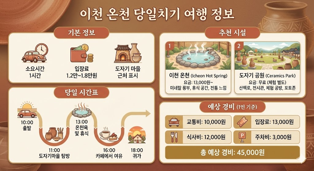 이천 온천 당일치기 정보 비교 - 소요시간, 요금, 추천 시설, 당일 시간표, 예상 경비 상세 내역 인포그래픽