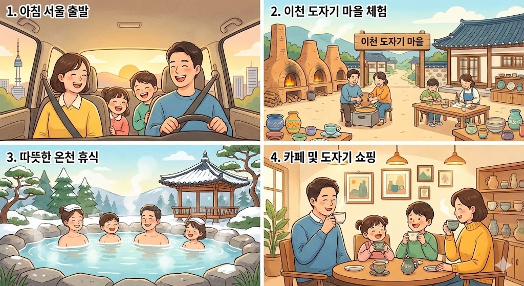 이천 온천 당일치기 당일 코스 경험 - 아침 서울 출발 → 도자기 마을 방문 → 온천에서의 휴식 → 도자기 쇼핑과 카페에서의 여유까지의 당일치기 여정