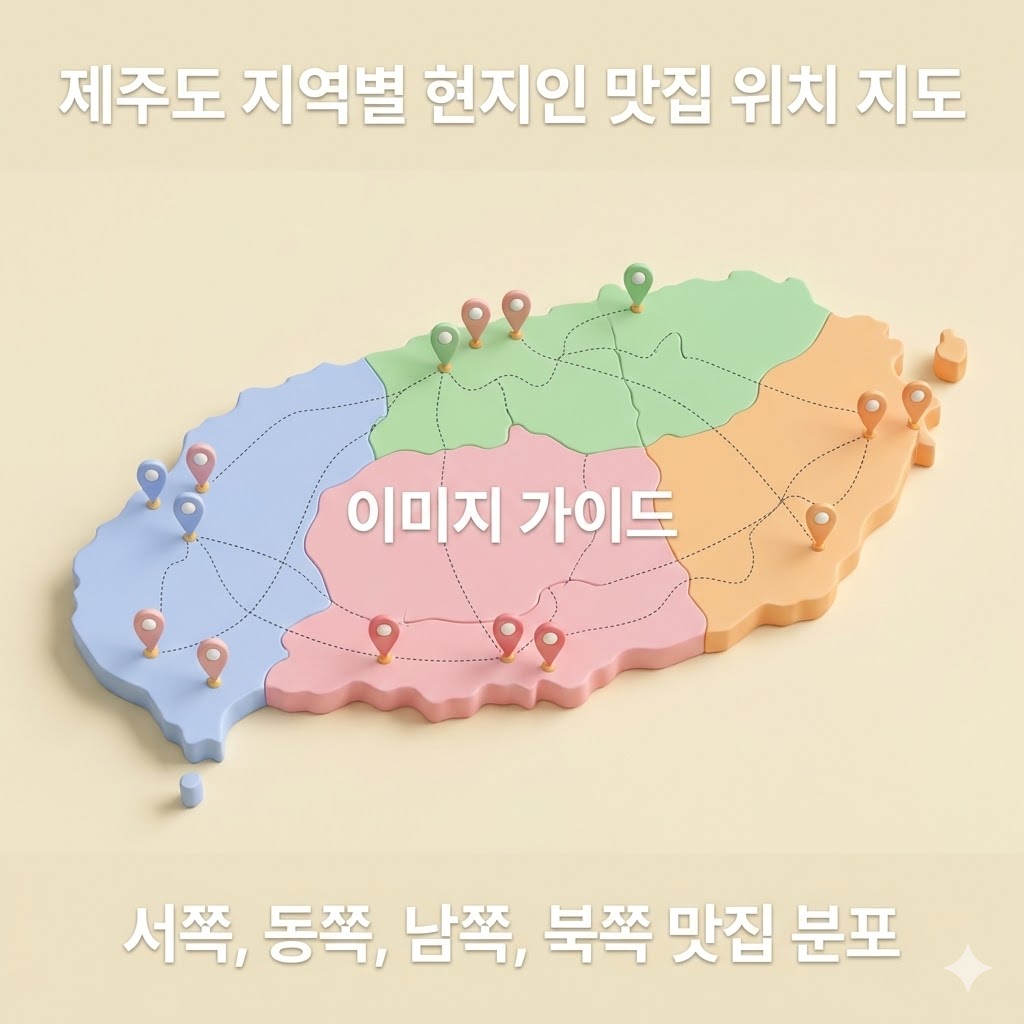 제주도 지역별 현지인 맛집 위치 지도: 서쪽, 동쪽, 남쪽, 북쪽 맛집 분포