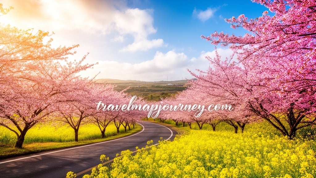 제주도 봄 여행 필수 코스인 녹산로의 벚꽃과 유채꽃이 함께 피어있는 풍경