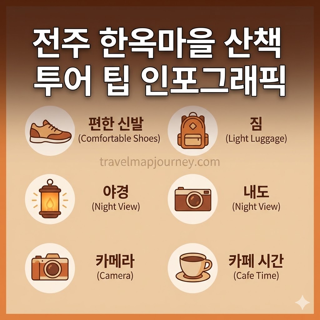 전주 한옥마을 산책 투어 팁 인포그래픽 – 맛집 투어 완벽 준비 가이드