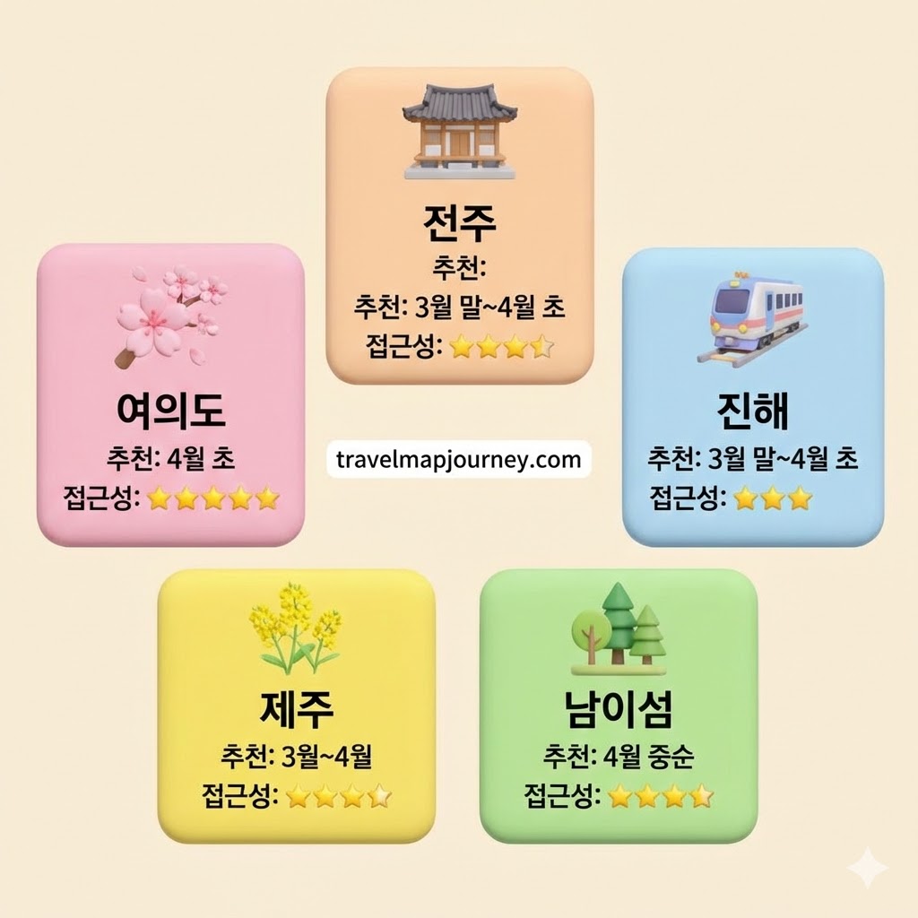 3월 축제별 추천 여행 기간 및 접근성: 여의도, 전주, 진해, 제주, 남이섬 축제 가이드 이미지
위치: HTML 블록 2 상단 (축제별 추천 여행 기간 테이블 위)