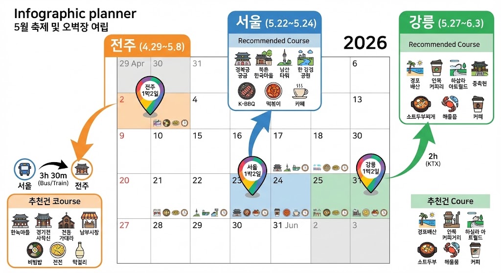 5월 문화축제 당일/1박 여행 플래너 일정표 인포그래픽
