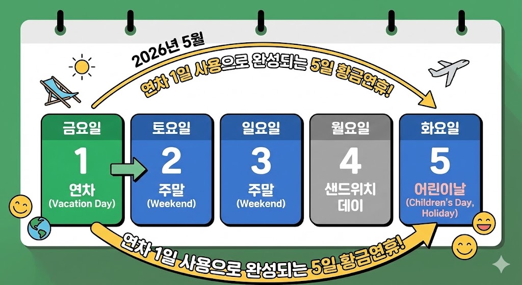 2026년 5월 황금연휴 캘린더 – 연차 1일로 5일 휴무 완성하는 전략, 5월 1일 금요일 연차 사용