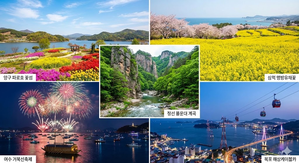 5월 황금연휴 추천 여행지 – 양구 파로호 꽃섬, 삼척 맹방유채꽃축제, 정선 몰운대 계곡, 여수 거북선축제, 목포 해상케이블카