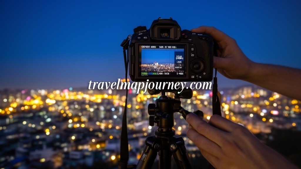 야경 촬영 팁, 삼각대로 고정된 카메라로 야경 촬영하는 모습, 야간 여행 필수 기술