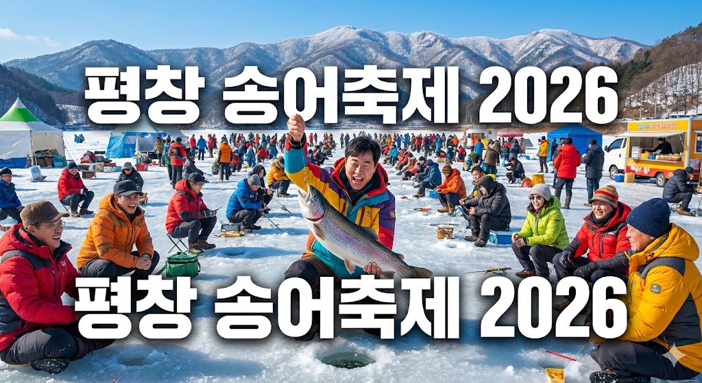평창 송어축제에서 얼음 위에서 송어를 낚시하는 모습