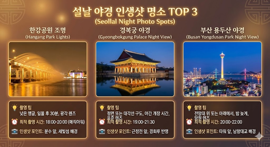 설날 야경 인생샷 명소 BEST 3 촬영 팁 - 한강공원, 경복궁, 부산 용두산 야경 촬영 가이드