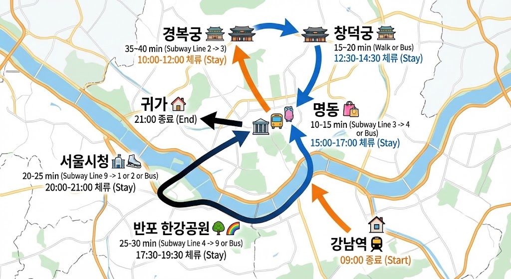 설날 서울 당일 여행 코스 지도 - 강남역에서 출발해 경복궁·창덕궁·명동·한강공원 거쳐 돌아오는 완벽 루트