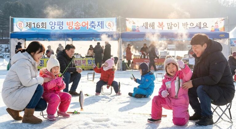양평 빙송어축제에서 얼음 위에서 송어를 낚시하는 가족의 모습