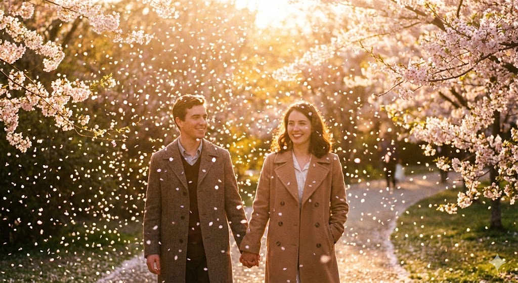 봄 벚꽃길에서의 커플 데이트 장면