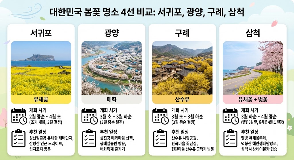 3월 봄꽃 여행지 비교표 서귀포 광양 구례 삼척 개화시기 일정