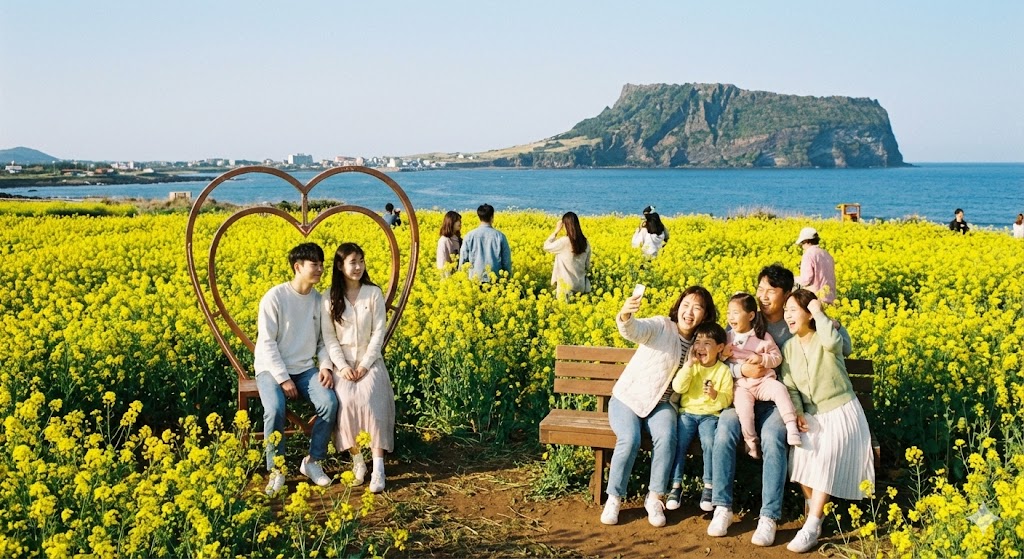 3월 봄꽃 여행지에서 유채꽃 포토존 사진 찍는 가족 여행객