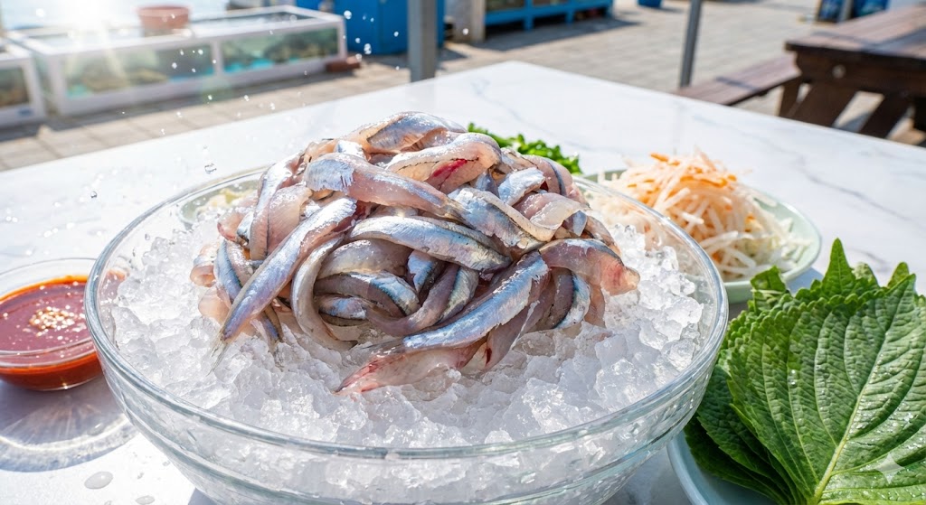 봄 제철 활어 회(멸치회·정어리회)가 담긴 생식 접시