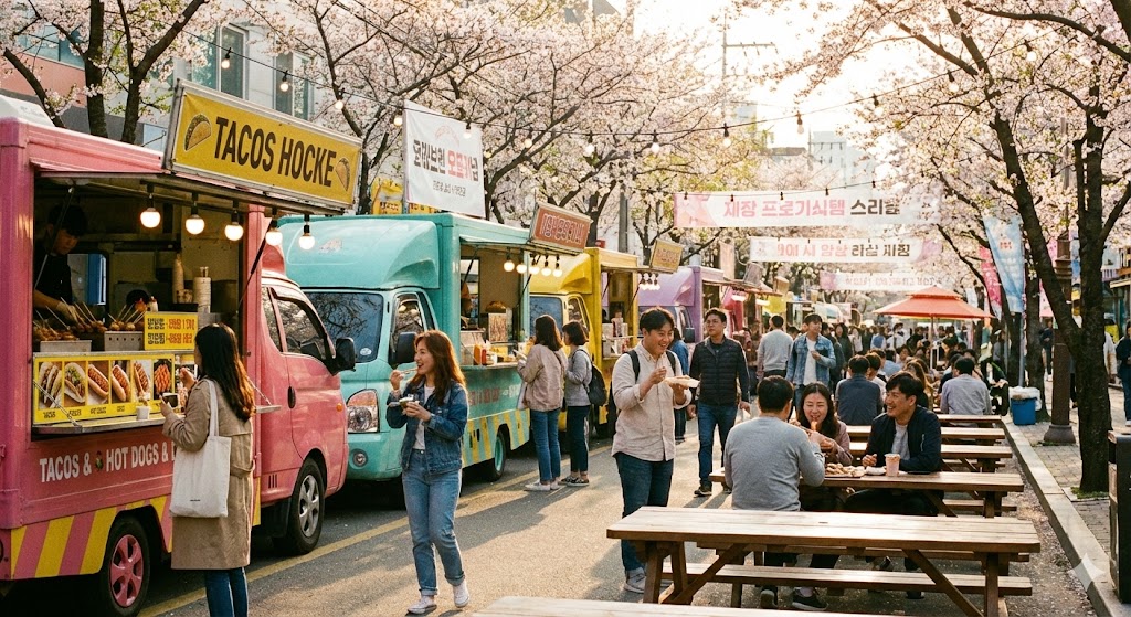 음악축제 인근 먹거리 골목에서 관광객들이 간식을 즐기는 모습