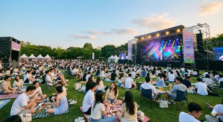 봄 야외 음악축제에서 관객들이 라이브 공연을 감상하는 모습