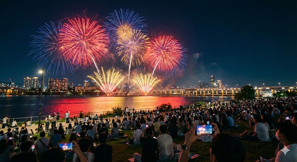 여의도 한강공원에서 펼쳐지는 불꽃축제 야경