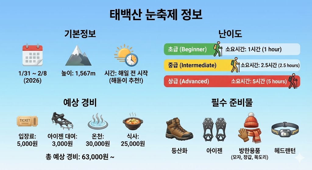 태백산 눈축제 기본정보, 난이도별 소요시간, 예상경비, 필수 준비물 정보 인포그래픽
