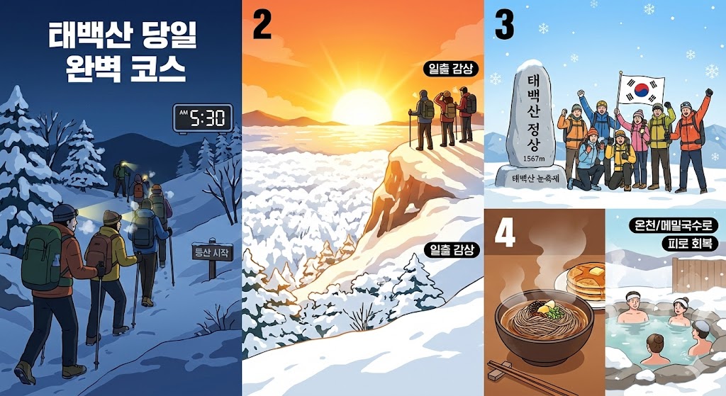 태백산 눈축제 당일치기 코스 - 새벽 산행, 일출 감상, 정상 인증, 온천/음식으로의 회복