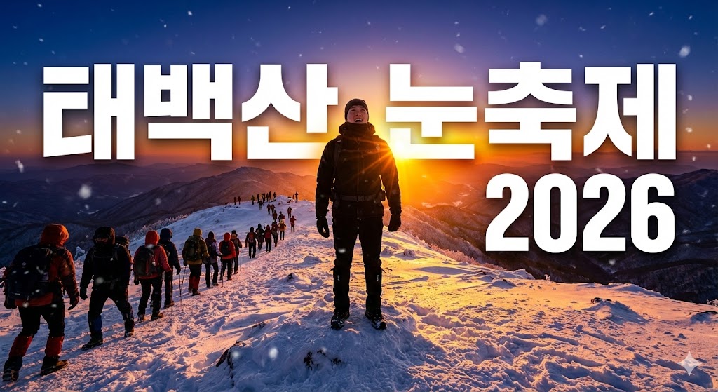 태백산 눈축제에서 새벽 일출을 배경으로 산꾼들이 설원 위에서 트레킹하는 모습