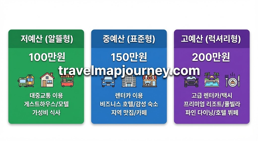 3월 여행 예산별 계획표: 저예산 100만원, 중예산 150만원, 고예산 200만원 여행 패키지 비교 이미지