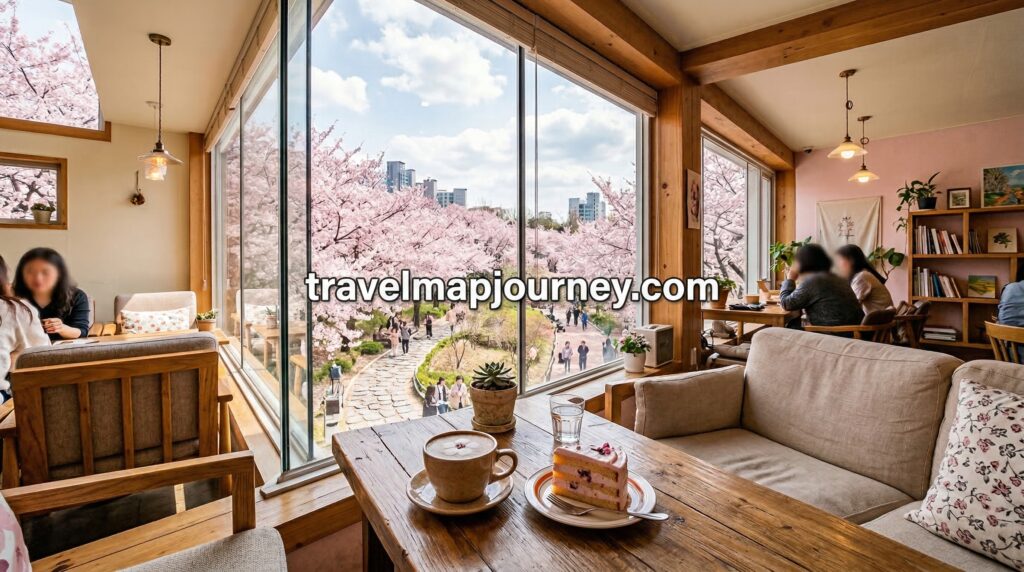 서울 근교 벚꽃 카페 통창 내부 인테리어 라떼와 디저트