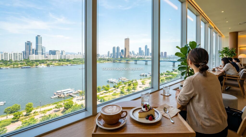 한강뷰 루프탑 카페 통창 인테리어 라떼아트 디저트