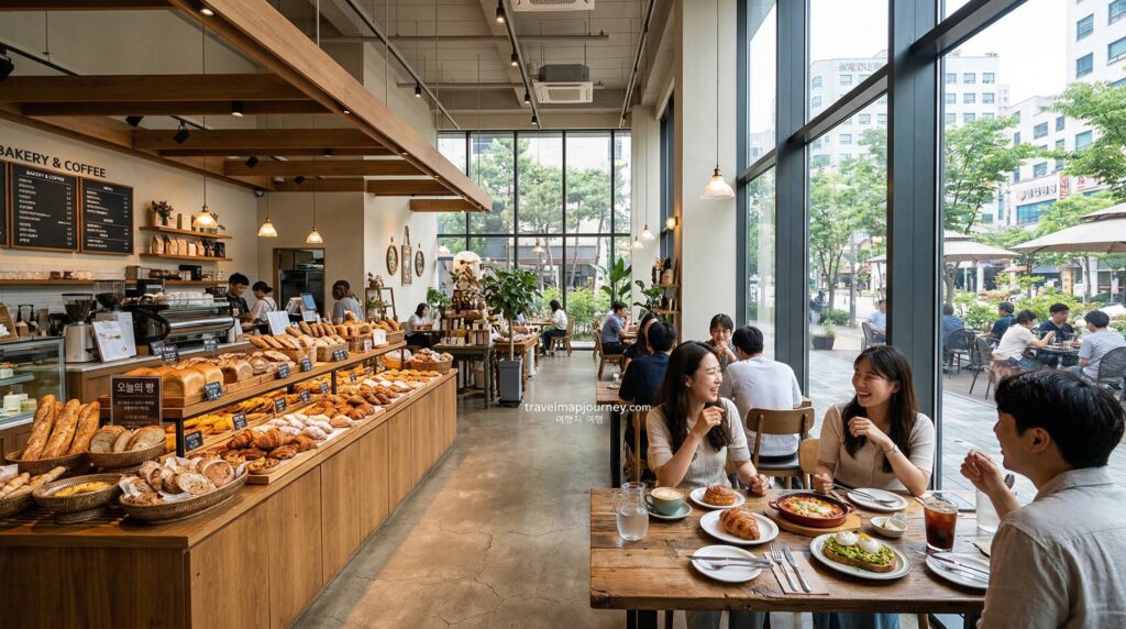 화성 대형카페 내부 인테리어 베이커리 빵 진열대