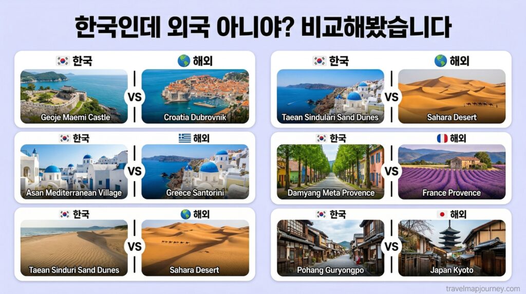 한국 속 해외 여행지 vs 실제 해외 명소 비교 카드 이색 국내 여행지