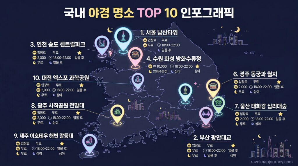 국내 야경 명소 TOP 10 비교 인포그래픽 지도