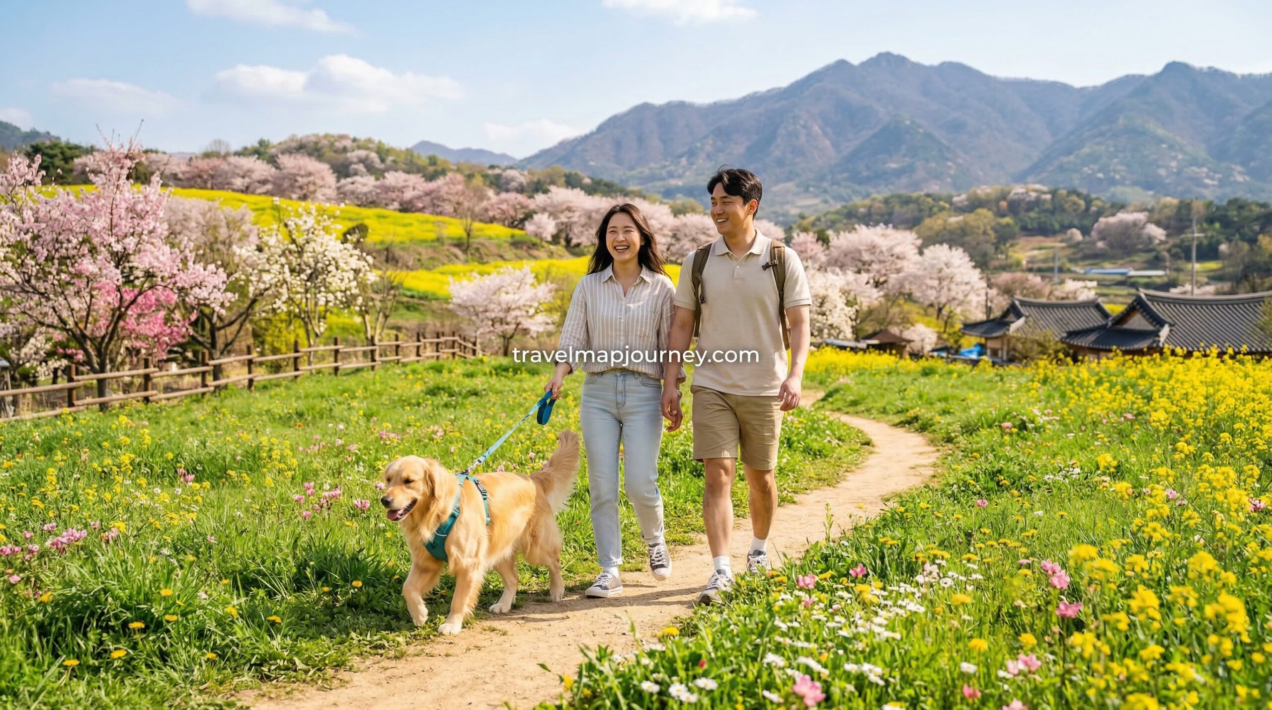반려동물 동반 여행 강아지와 함께 봄 나들이 자연 산책 풍경