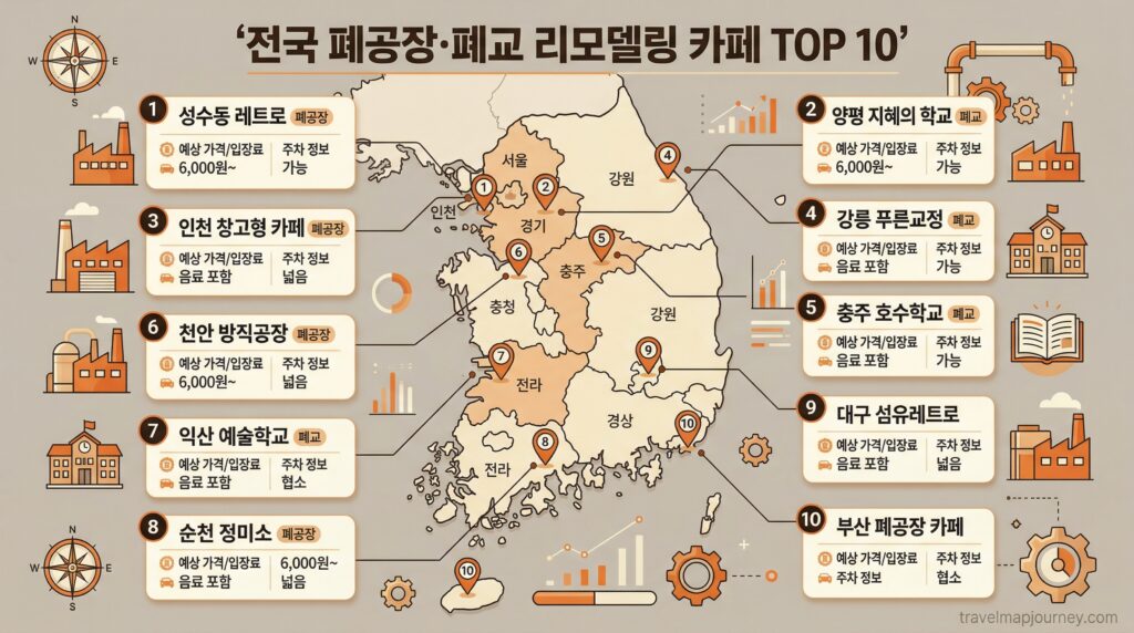 전국 폐공장 폐교 리모델링 카페 TOP 10 비교 인포그래픽 지도
