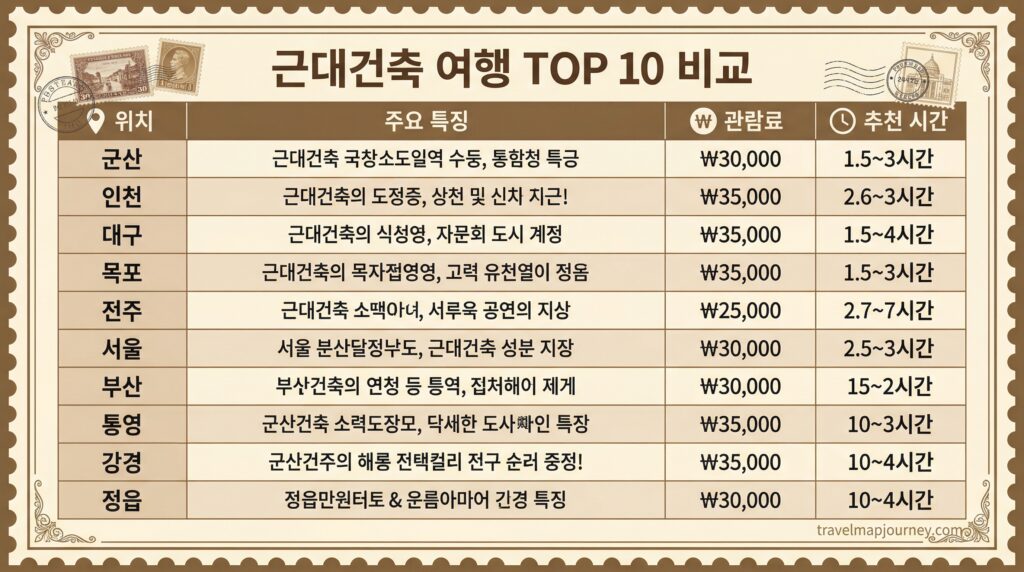 근대건축 여행 TOP 10 비교 인포그래픽 입장료 소요시간