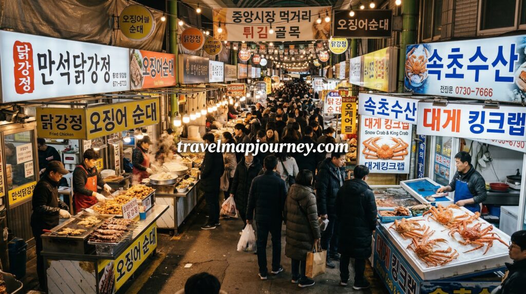 속초 중앙시장 먹방 코스 완벽 가이드 | 닭강정·홍게·순대·카페·숙소 총정리