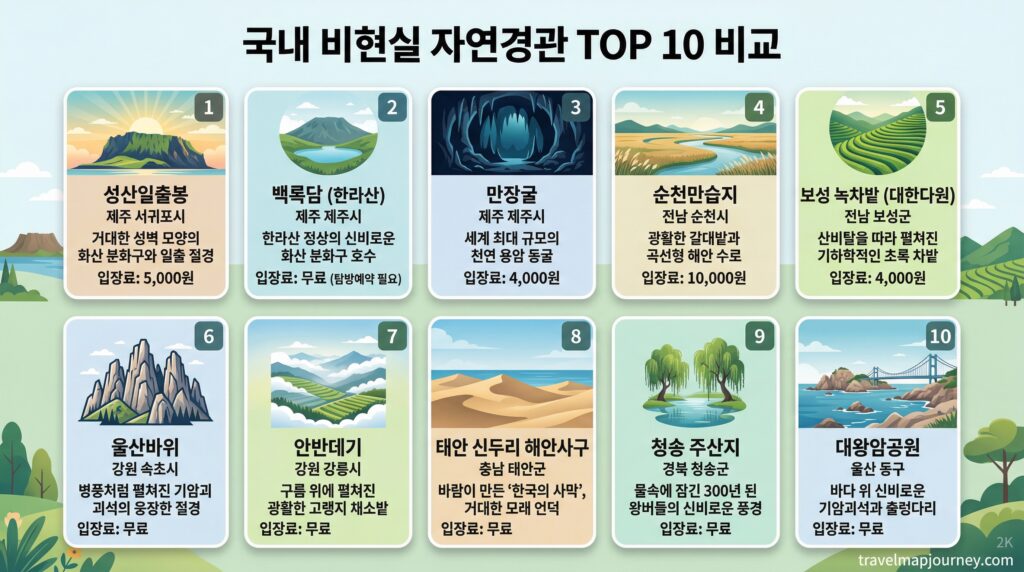 국내 비현실 자연경관 TOP 10 비교 인포그래픽