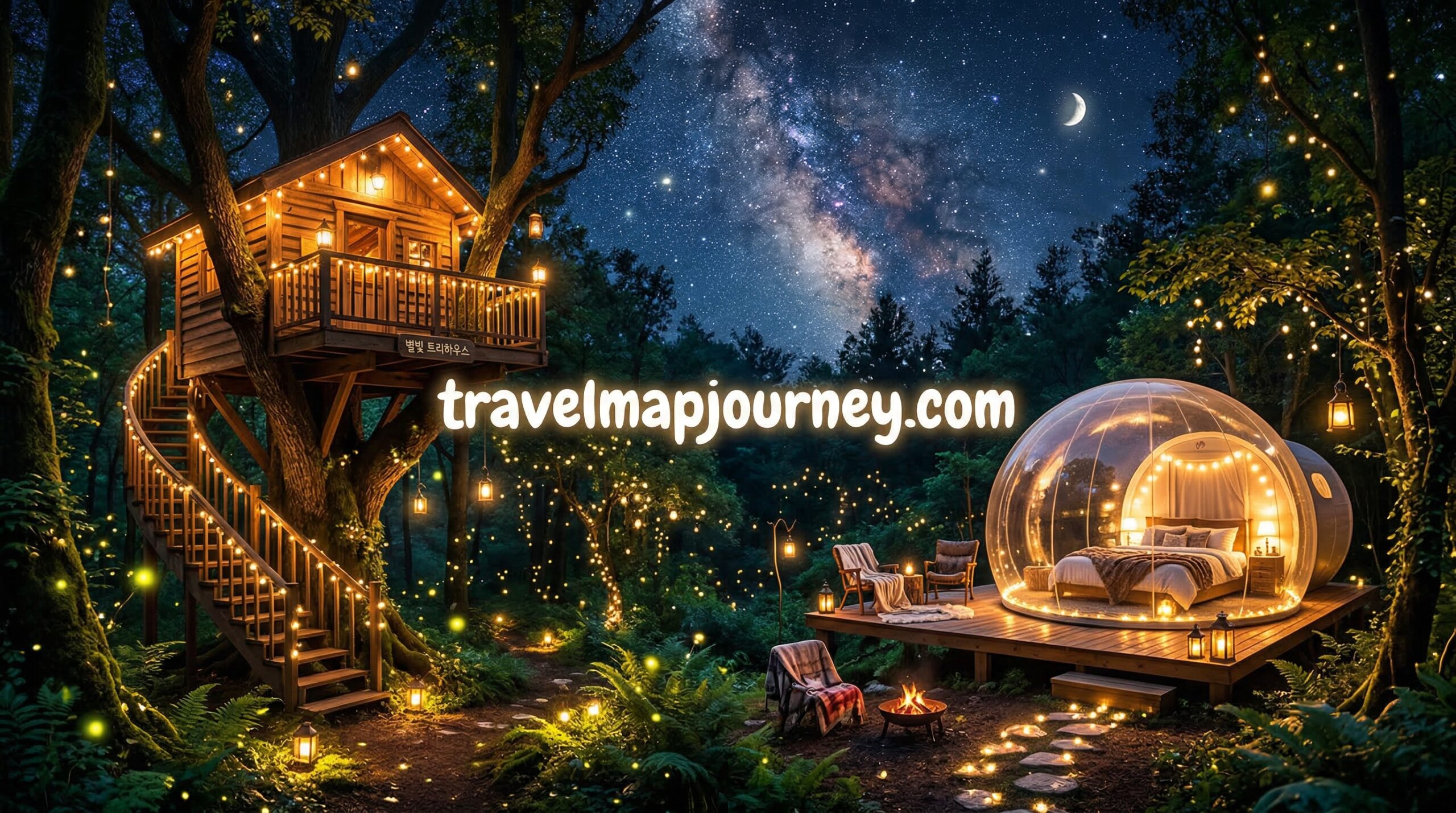 국내 이색 숙소 추천 트리하우스 버블텐트 야간 감성 풍경