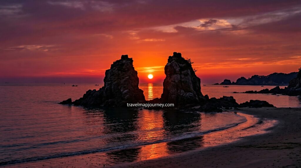 서해안 일몰 드라이브 안면도 꽃지해수욕장 할미할아비바위 오메가 일몰