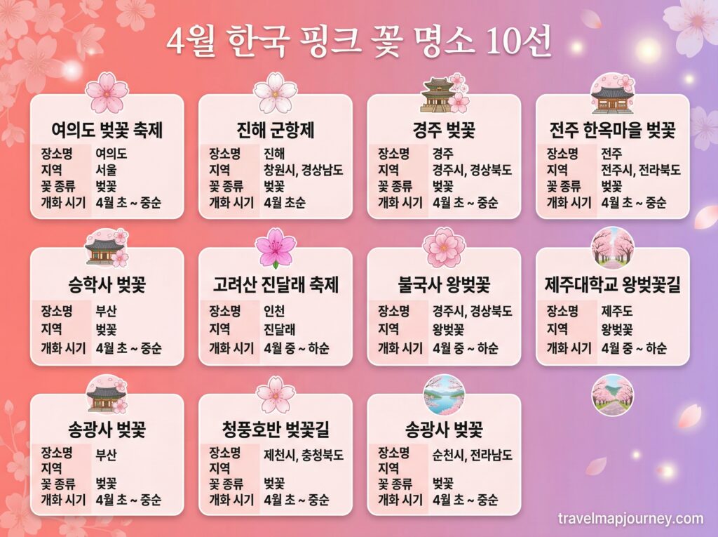 4월 핑크 명소 BEST 10 비교 인포그래픽 겹벚꽃 철쭉 꽃잔디 개화시기 정리