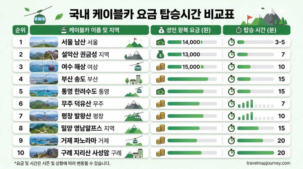 국내 케이블카 요금 탑승시간 비교표 BEST 10
