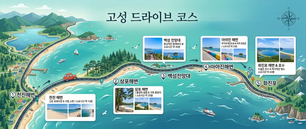 천진→삼포→백섬전망대→아야진→화진포 코스 지도