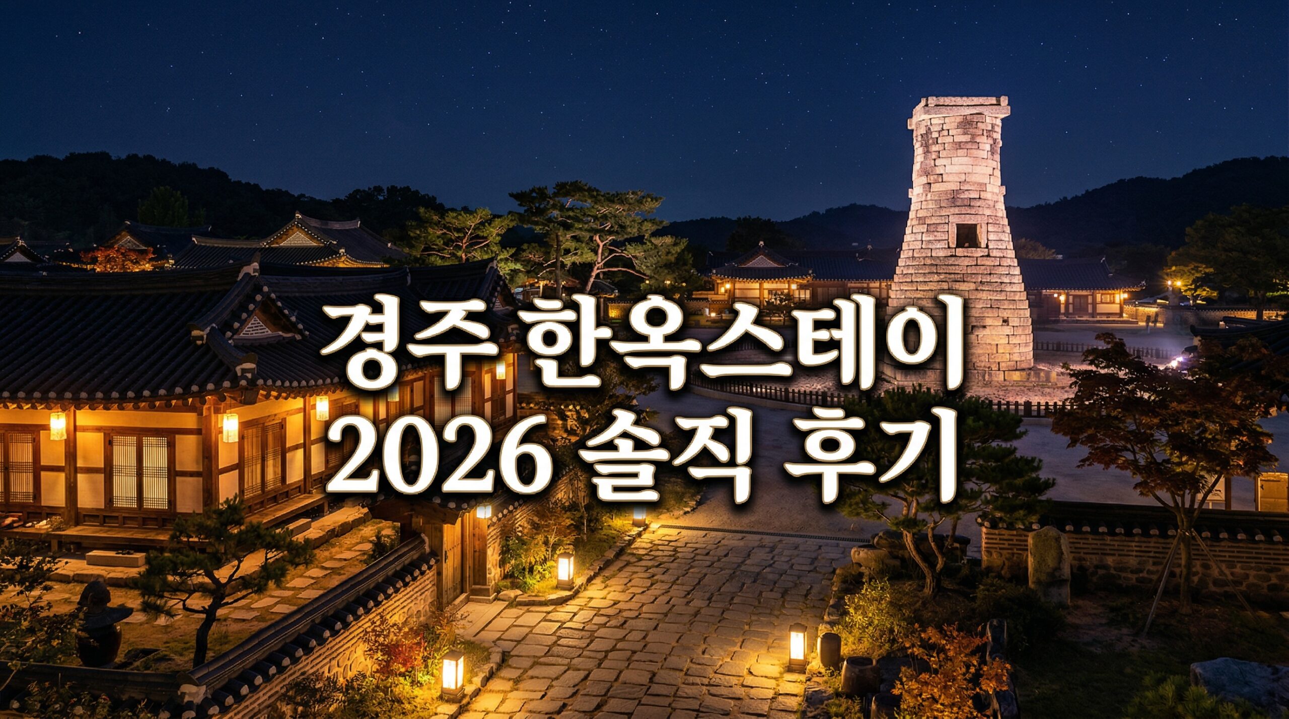 경주 한옥스테이 2026 솔직 후기" + 첨성대 야경+한옥 배경, 황토·금색
