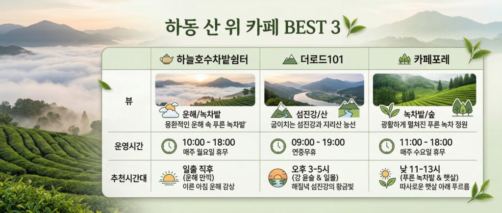 하늘호수차밭쉼터/더로드101/카페포레 뷰·운영시간·추천시간대 비교표